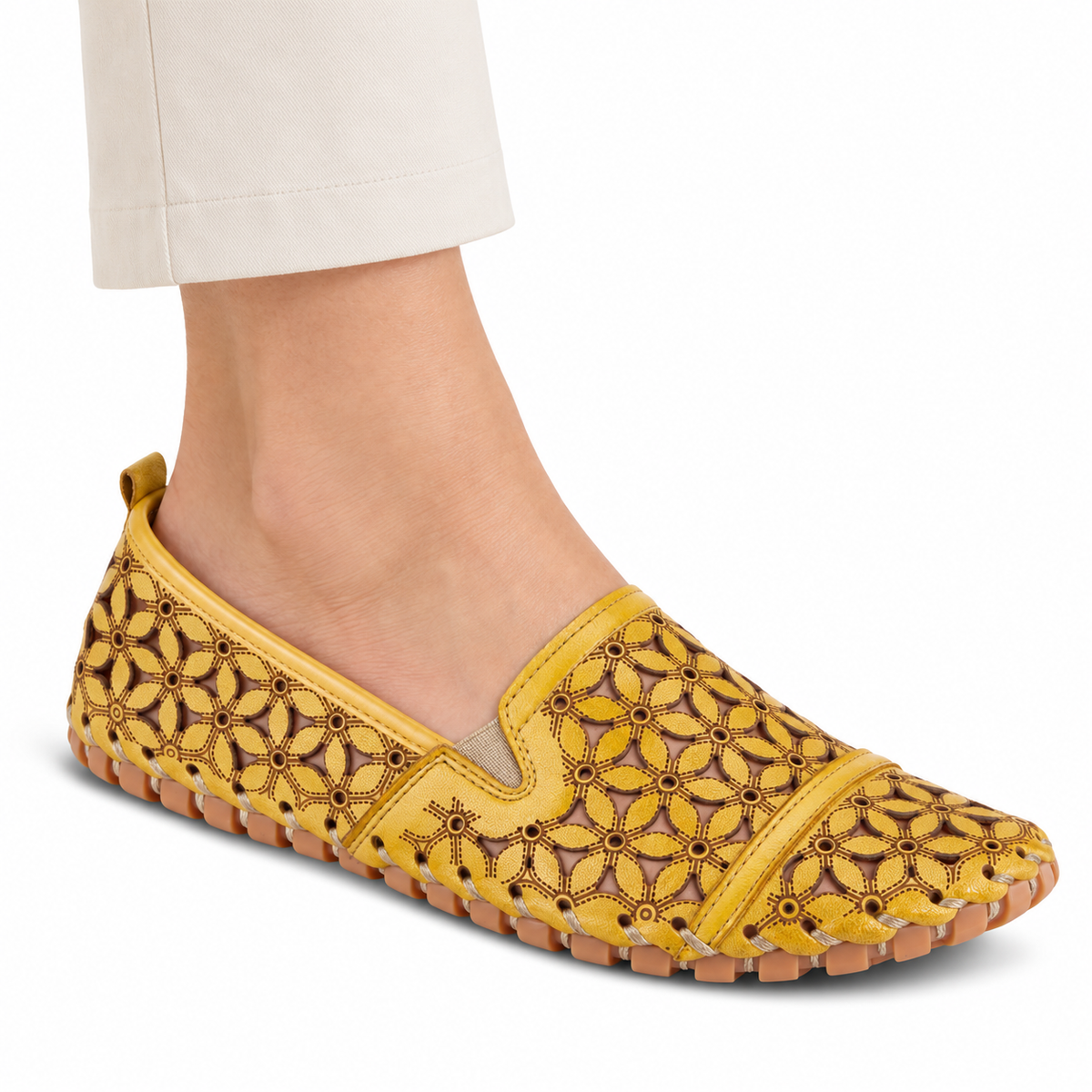 Spring Step Flowerflow Yellow slip-on shoe, on-foot view against white; AI-generated styling illustration
