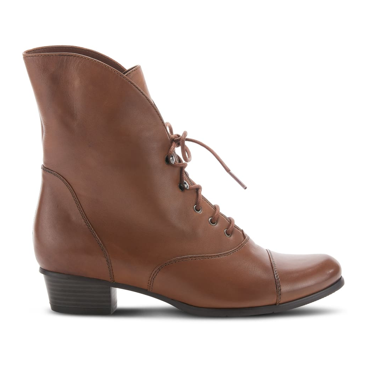 Spring Step Galil women's medium brown leather boot, side profile, toe right view