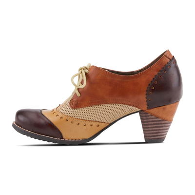 L'Artiste Bardot lace-up heeled shoe in Brown, left-facing side profile view