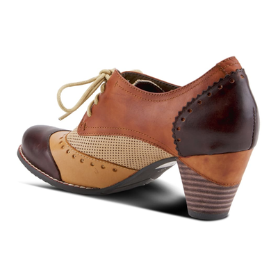 L'Artiste Bardot lace-up heeled shoe in Brown, rear three-quarter view