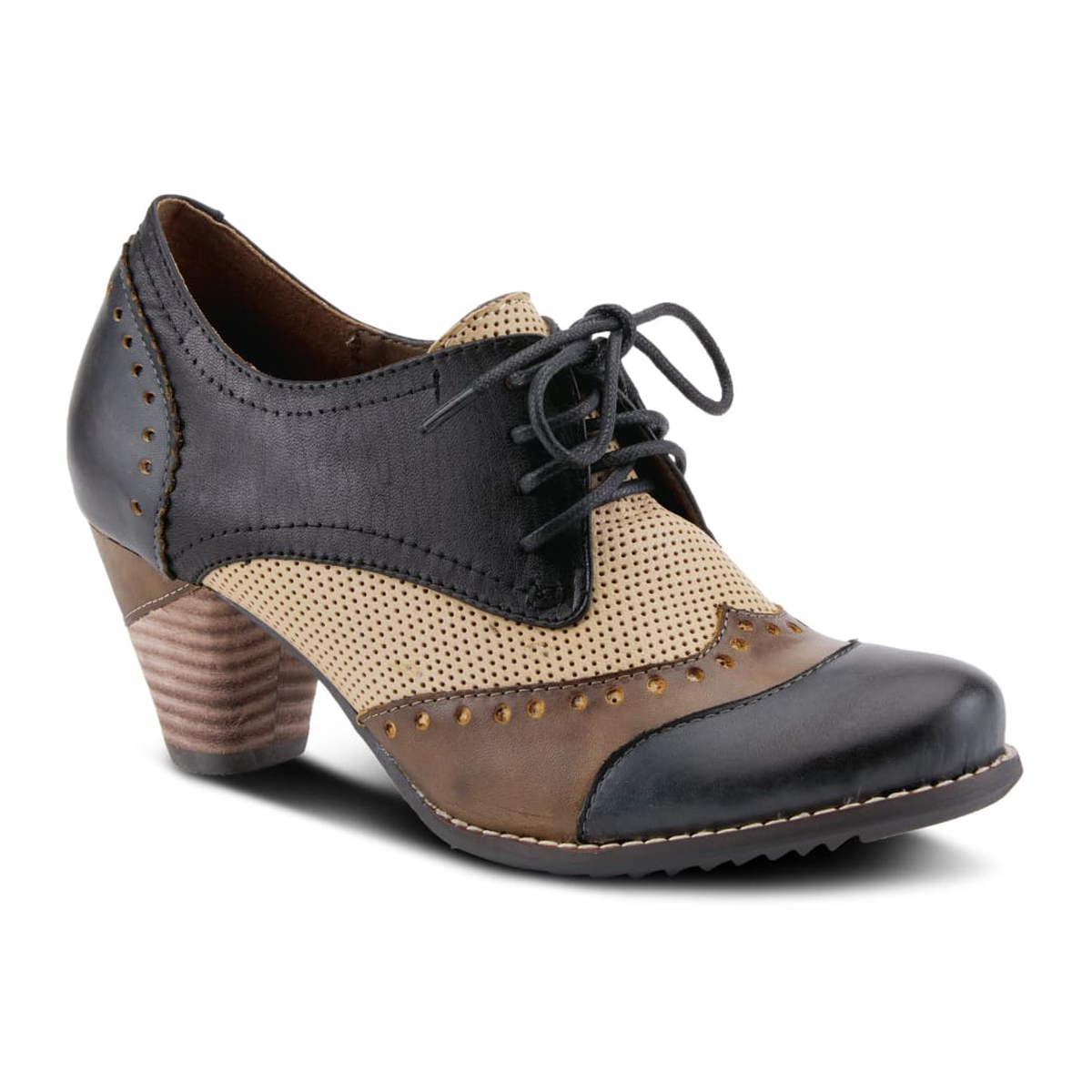 L'Artiste Bardot lace-up heeled shoe in Navy, front three-quarter view