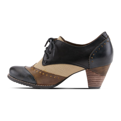 L'Artiste Bardot lace-up heeled shoe in Navy, left-facing side profile view