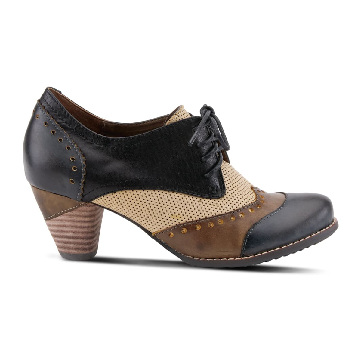 L'Artiste Bardot lace-up heeled shoe in Navy, right-facing side profile view