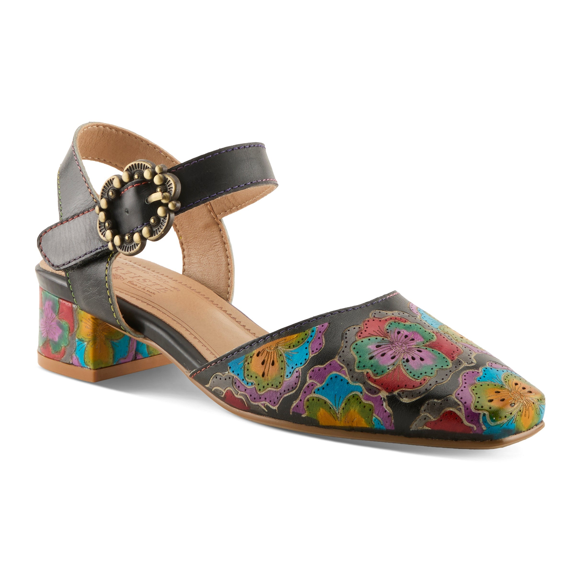 L'Artiste Funferbiz floral Mary Jane heel in Black Multi, front three-quarter view