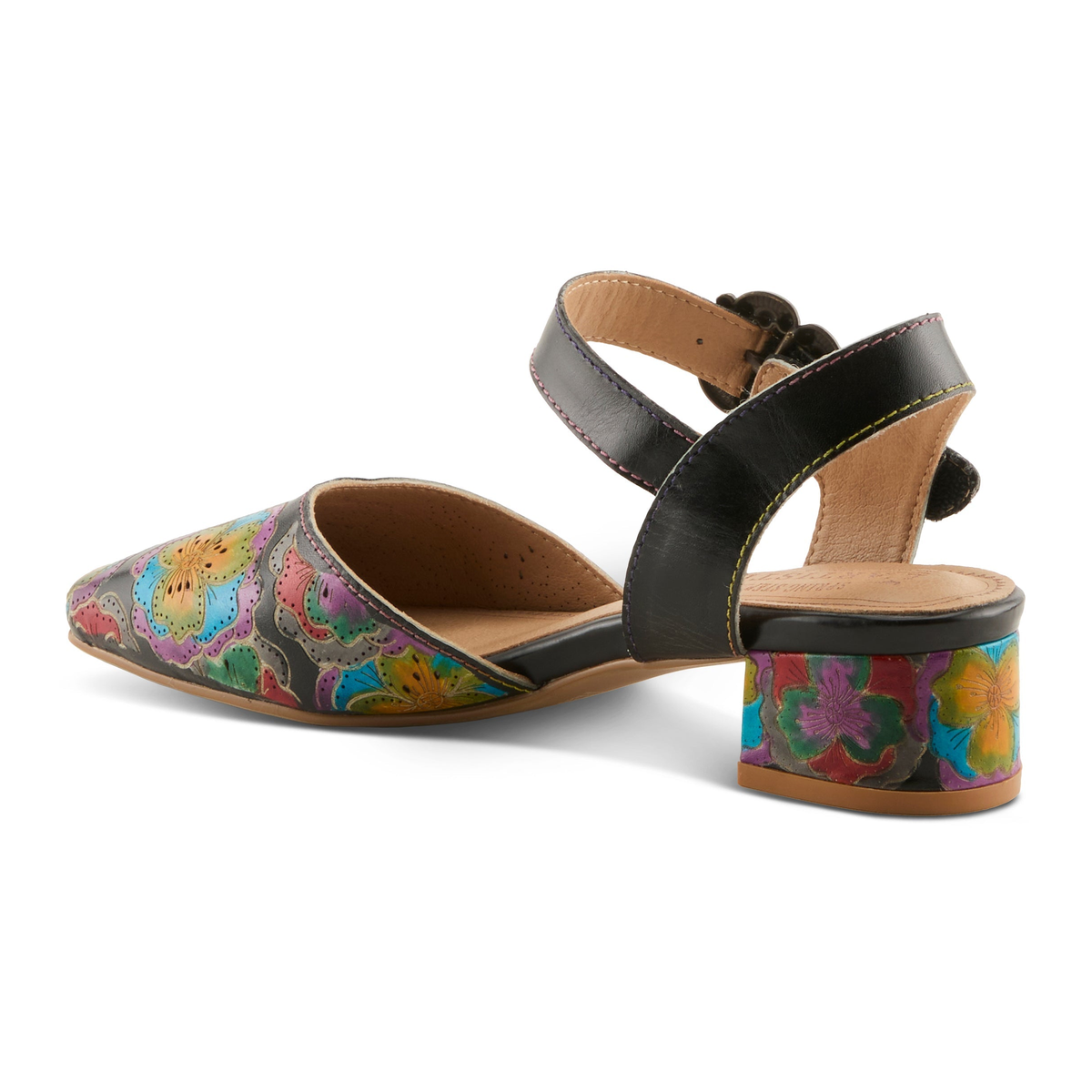 L'Artiste Funferbiz floral Mary Jane heel in Black Multi, rear three-quarter view
