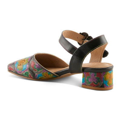 L'Artiste Funferbiz floral Mary Jane heel in Black Multi, rear three-quarter view