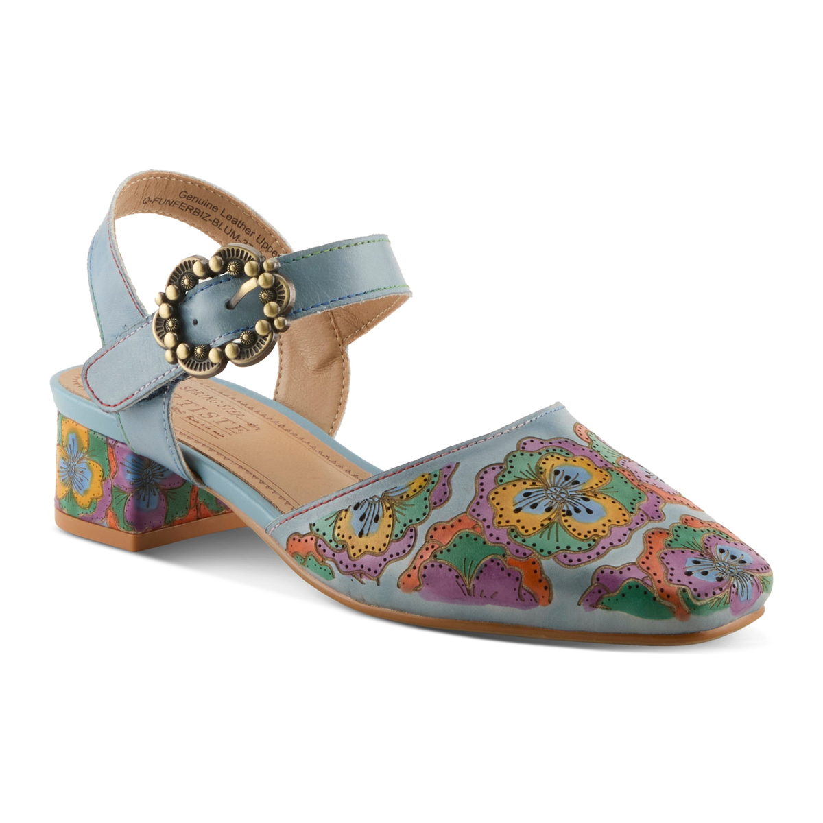 L'Artiste Funferbiz floral Mary Jane heel in Blue Multi, front three-quarter view