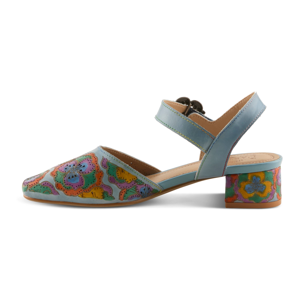 L'Artiste Funferbiz floral Mary Jane heel in Blue Multi, left-facing side profile view