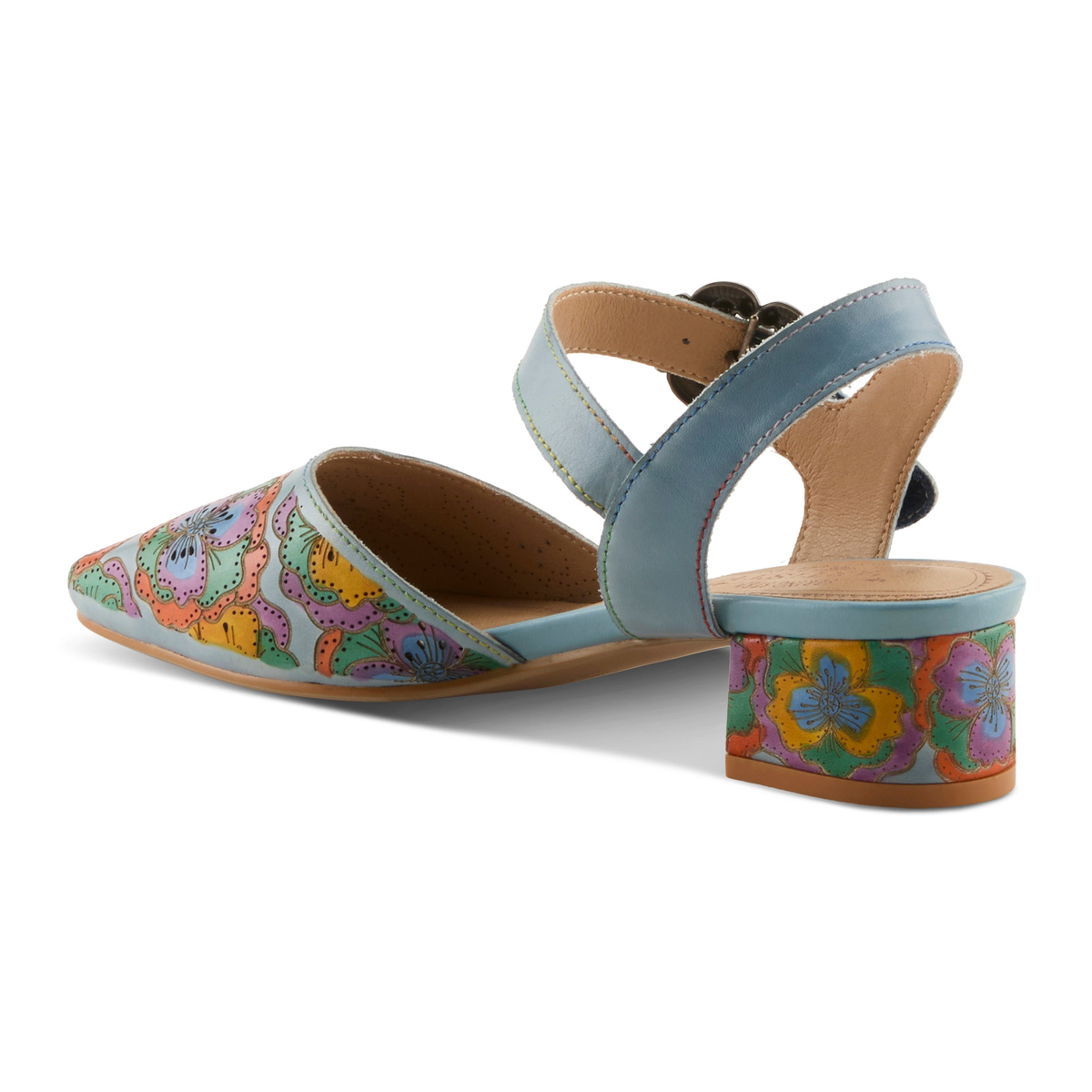 L'Artiste Funferbiz floral Mary Jane heel in Blue Multi, rear three-quarter view
