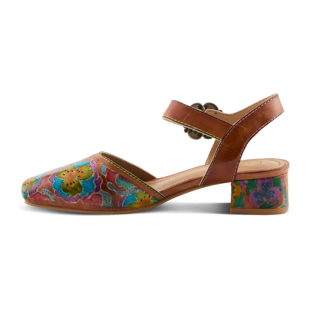 L'Artiste Funferbiz floral Mary Jane heel in Camel Multi, left-facing side profile view