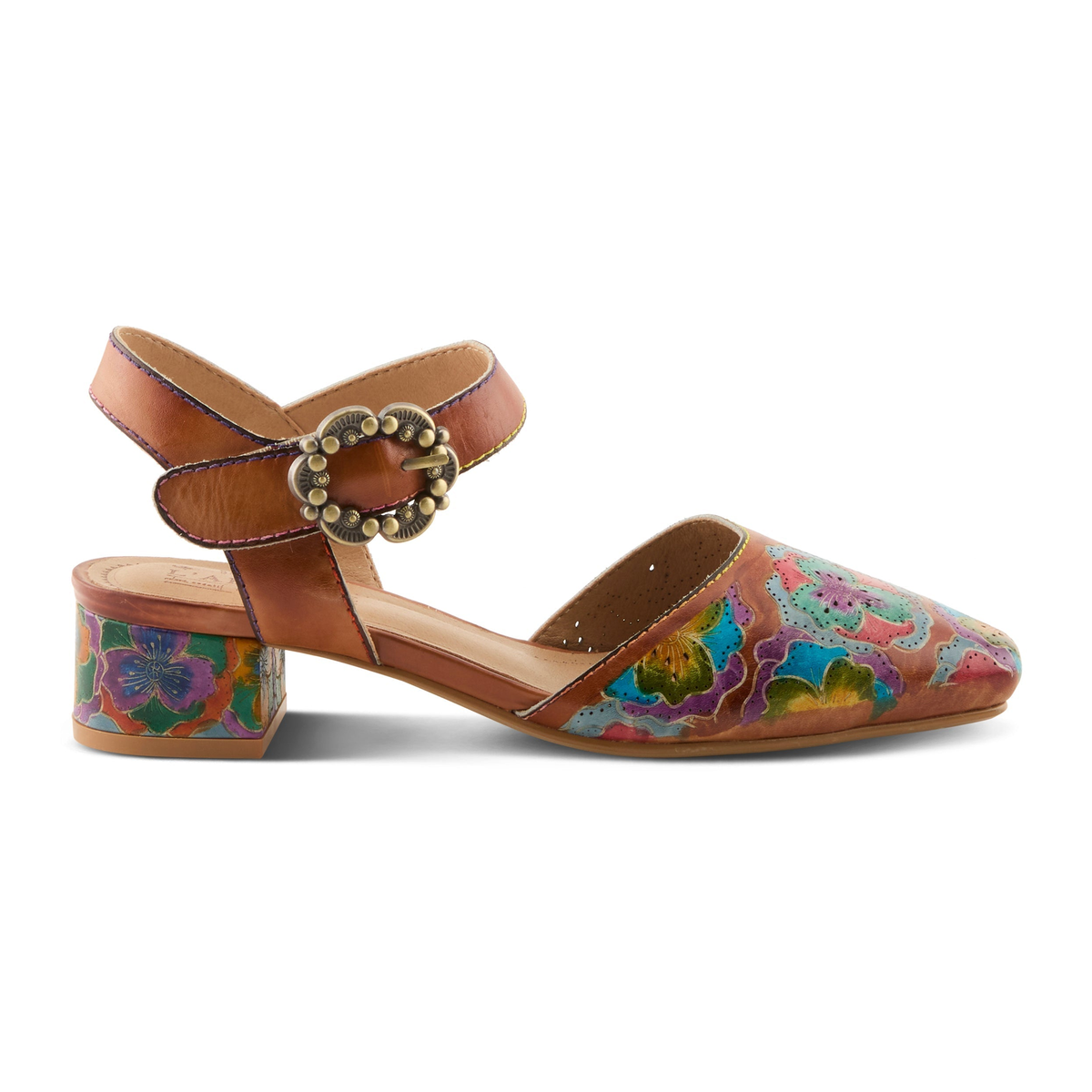 L'Artiste Funferbiz floral Mary Jane heel in Camel Multi, right-facing side profile view
