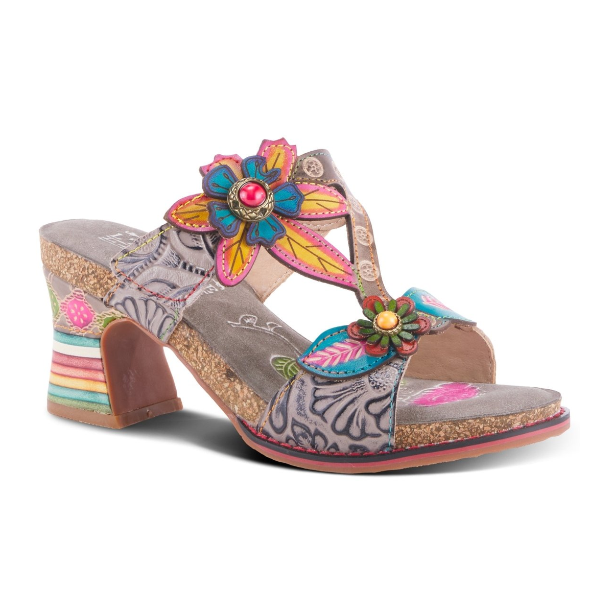 L'Artiste Rossie heeled sandal in Grey Multi, front three-quarter view