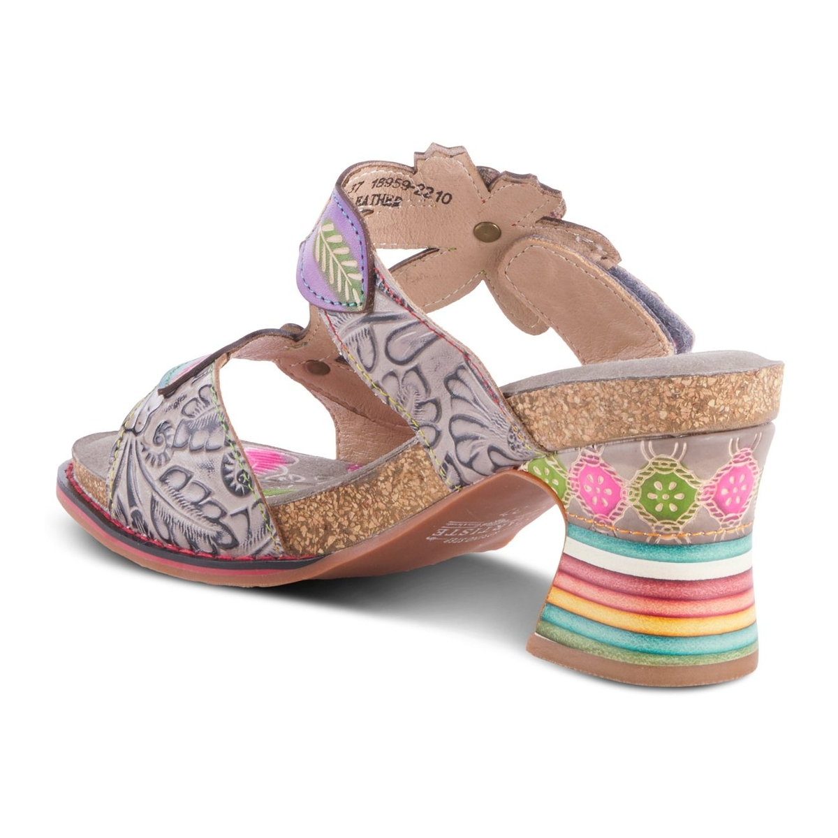 L'Artiste Rossie heeled sandal in Grey Multi, rear three-quarter view