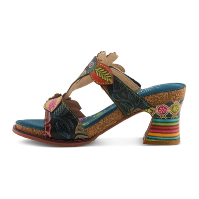 L'Artiste Rossie heeled sandal in Navy Multi, left-facing side profile view