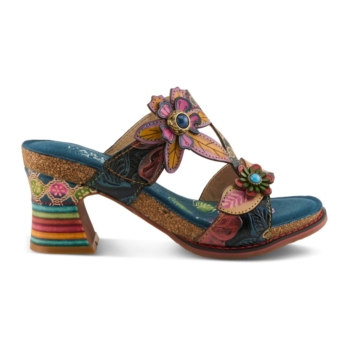 L'Artiste Rossie heeled sandal in Navy Multi, right-facing side profile view