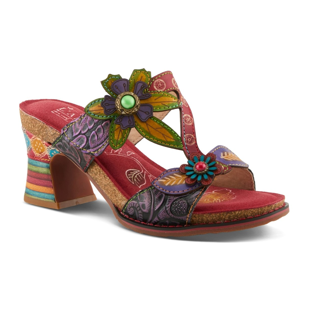 L'Artiste Rossie heeled sandal in Red Multi, front three-quarter view