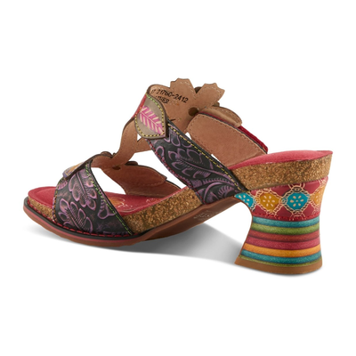 L'Artiste Rossie heeled sandal in Red Multi, rear three-quarter view