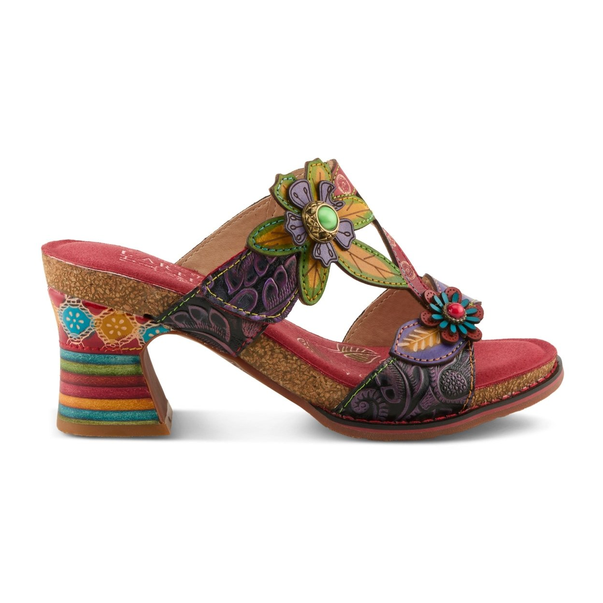 L'Artiste Rossie heeled sandal in Red Multi, right-facing side profile view