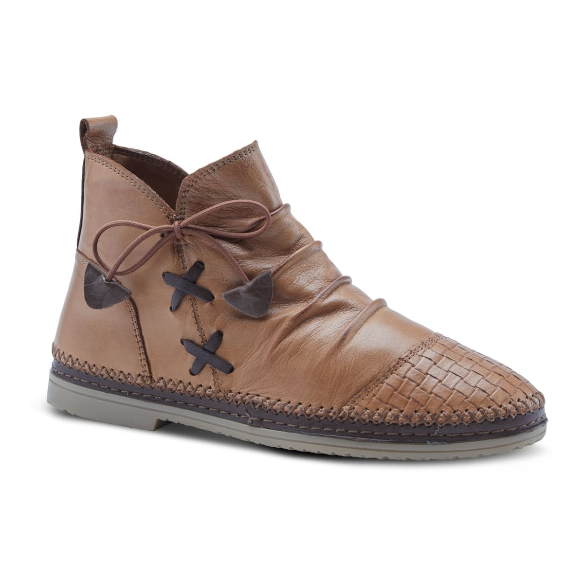 Spring Step Pomeroy women's camel leather ankle boot, three-quarter front view