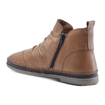 Spring Step Pomeroy women's camel leather ankle boot, rear three-quarter, zipper side view