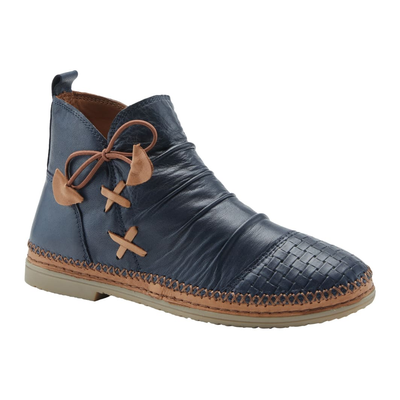Spring Step Pomeroy women's navy leather ankle boot, three-quarter front view