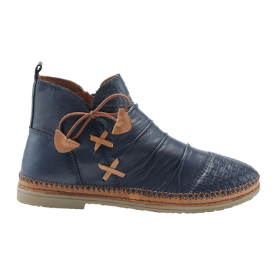 Spring Step Pomeroy women's navy leather ankle boot, outer side profile, toe right view