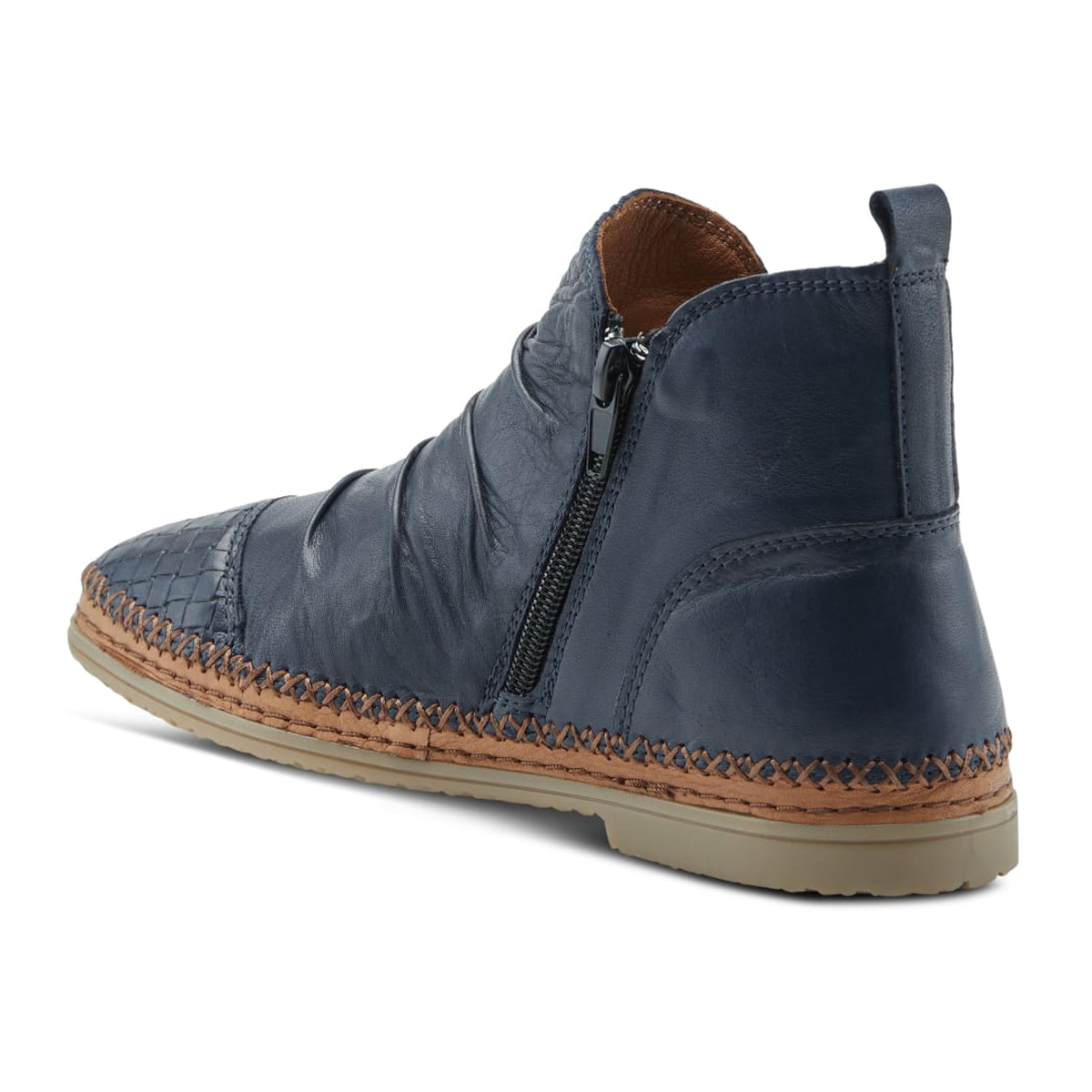 Spring Step Pomeroy women's navy leather ankle boot, rear three-quarter, zipper side view