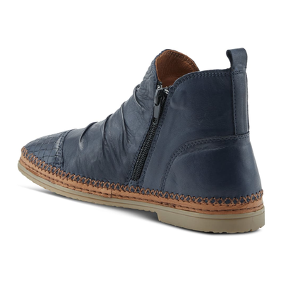 Spring Step Pomeroy women's navy leather ankle boot, rear three-quarter, zipper side view