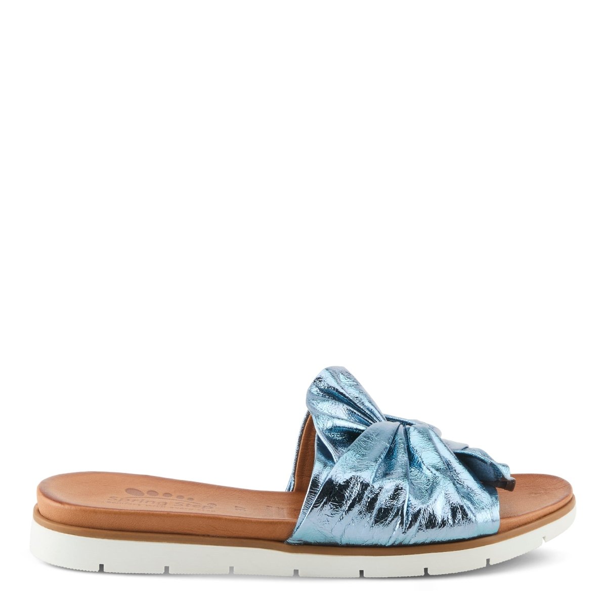 Spring Step Lavona Blue Metallic slide sandal, outer side profile