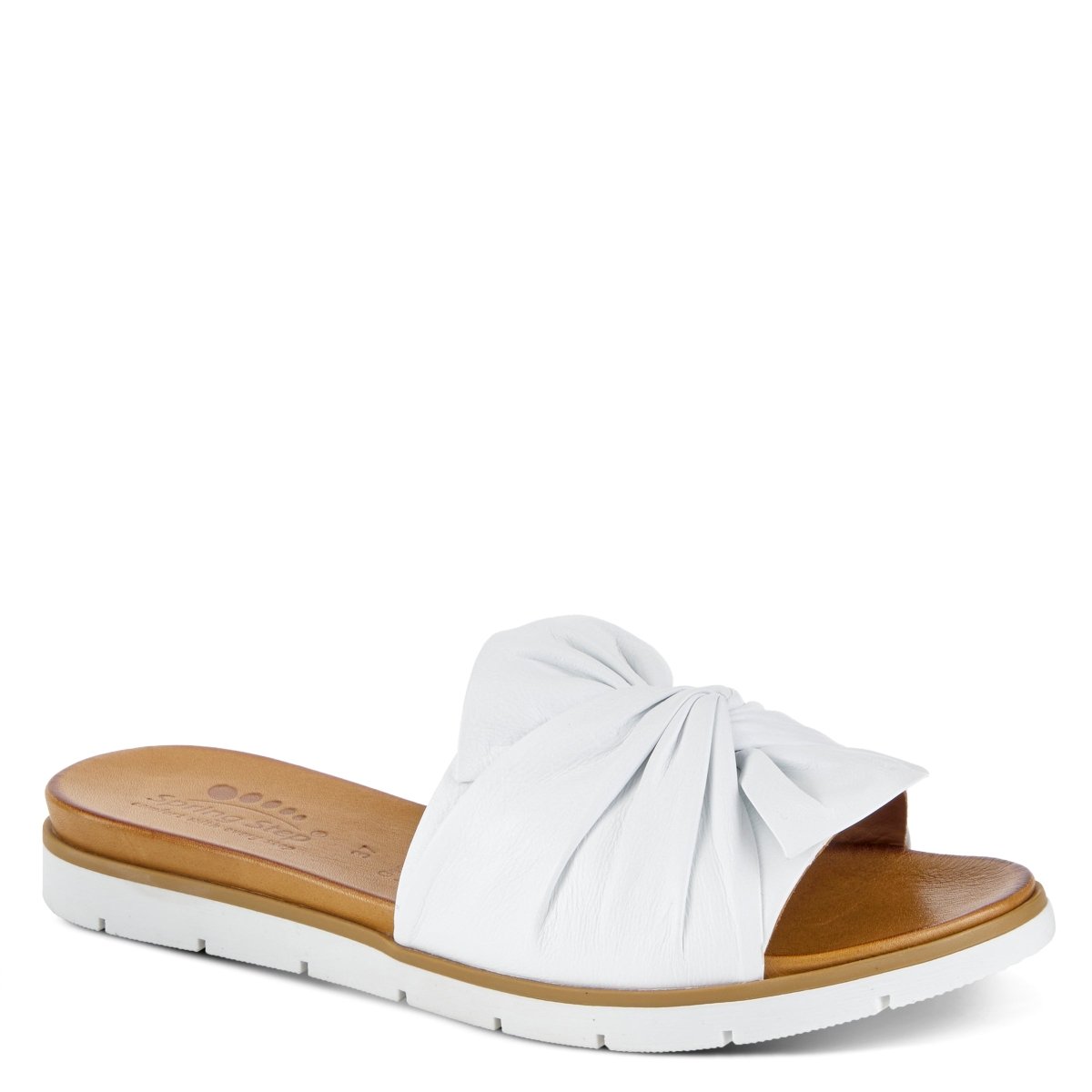Spring Step Lavona White slide sandal, front three-quarter view