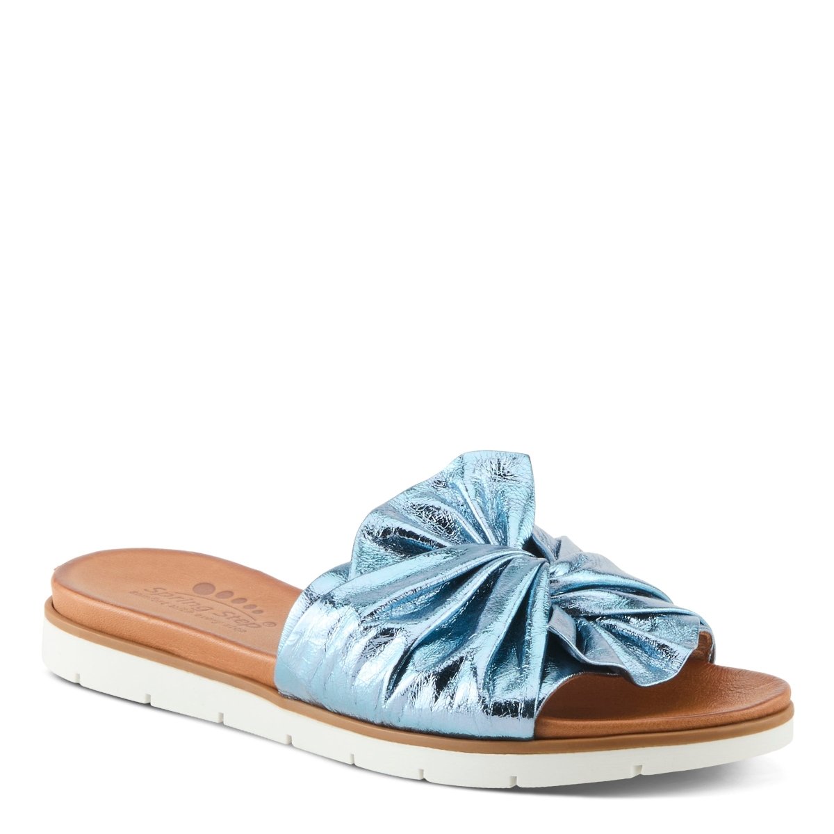 Spring Step Lavona Blue Metallic slide sandal, front three-quarter view