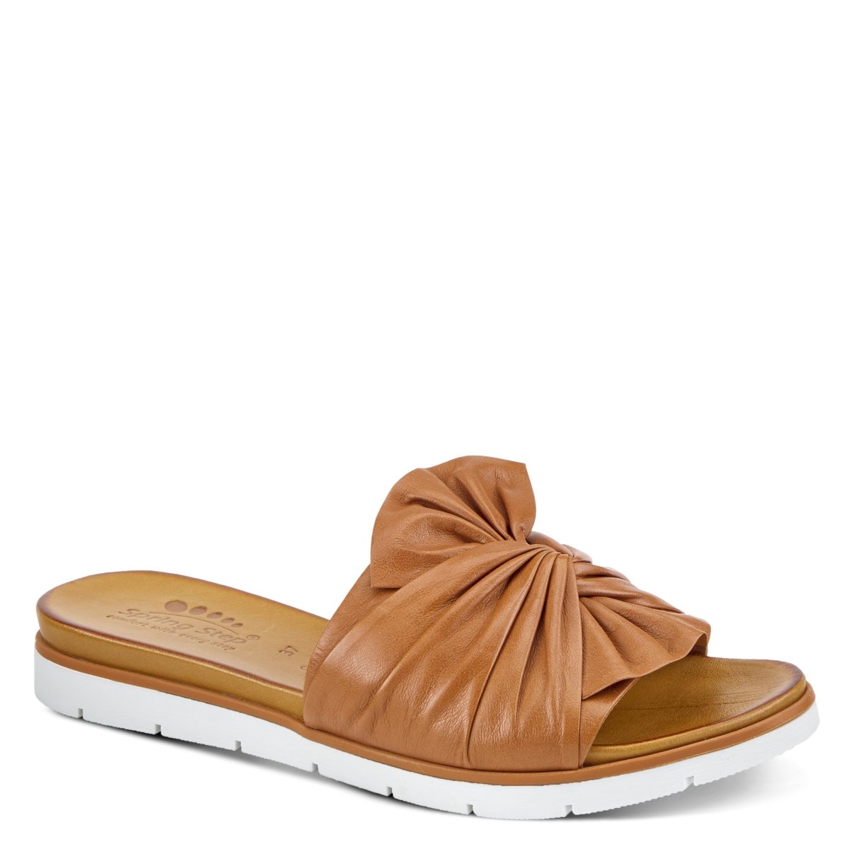 Spring Step Lavona Camel slide sandal, front three-quarter view