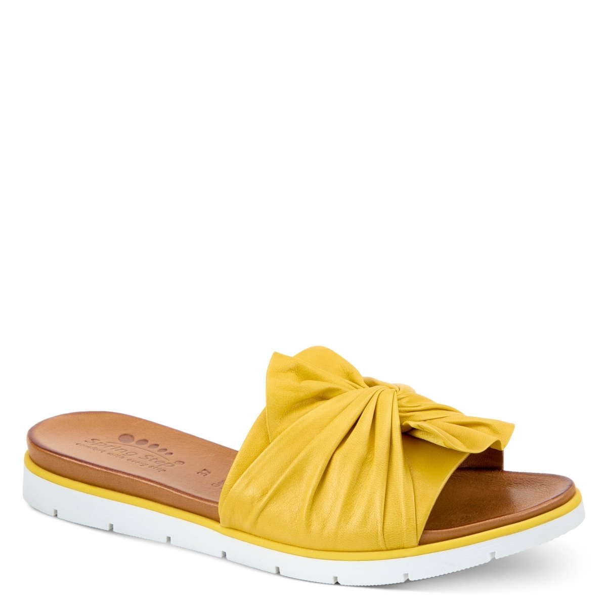 Spring Step Lavona Yellow slide sandal, front three-quarter view