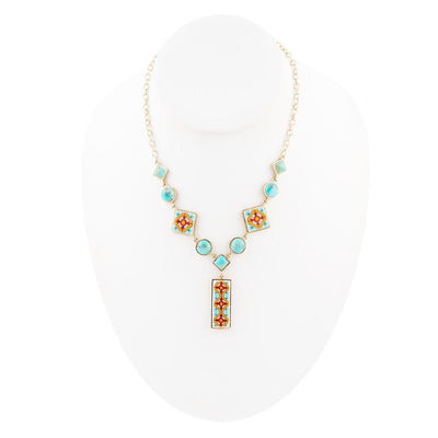 Talavera Tile and Blue Turquoise Golden Y-Neck Necklace