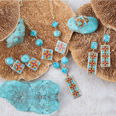 Talavera Tile and Blue Turquoise Golden Y-Neck Necklace