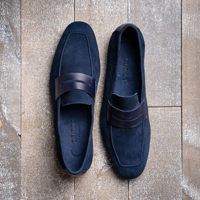 Zelli Italia Men's 16-672-NVY Tippa Suede & Calfskin Penny Loafers Navy