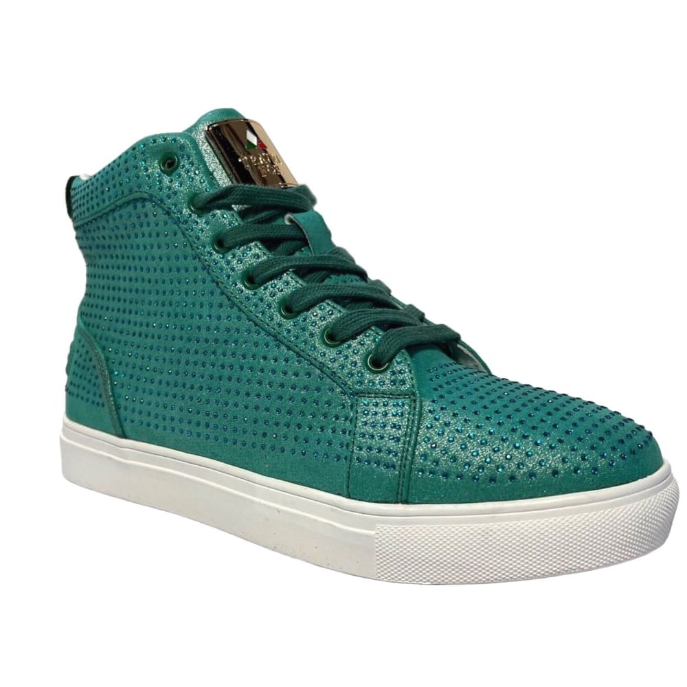Travel Fox Men’s Green Rhinestone Nappa Leather High Top Sneakers 921027 – Luxury Streetwear Premium Comfort Limited Edition