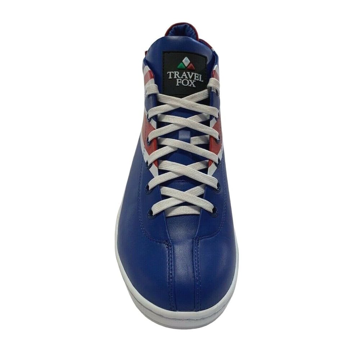 Travel Fox Union Jack 915601 21 men's red, white and blue mid-top sneakers, elevated front and laces view