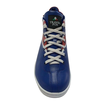 Travel Fox Union Jack 915601 21 men's red, white and blue mid-top sneakers, elevated front and laces view