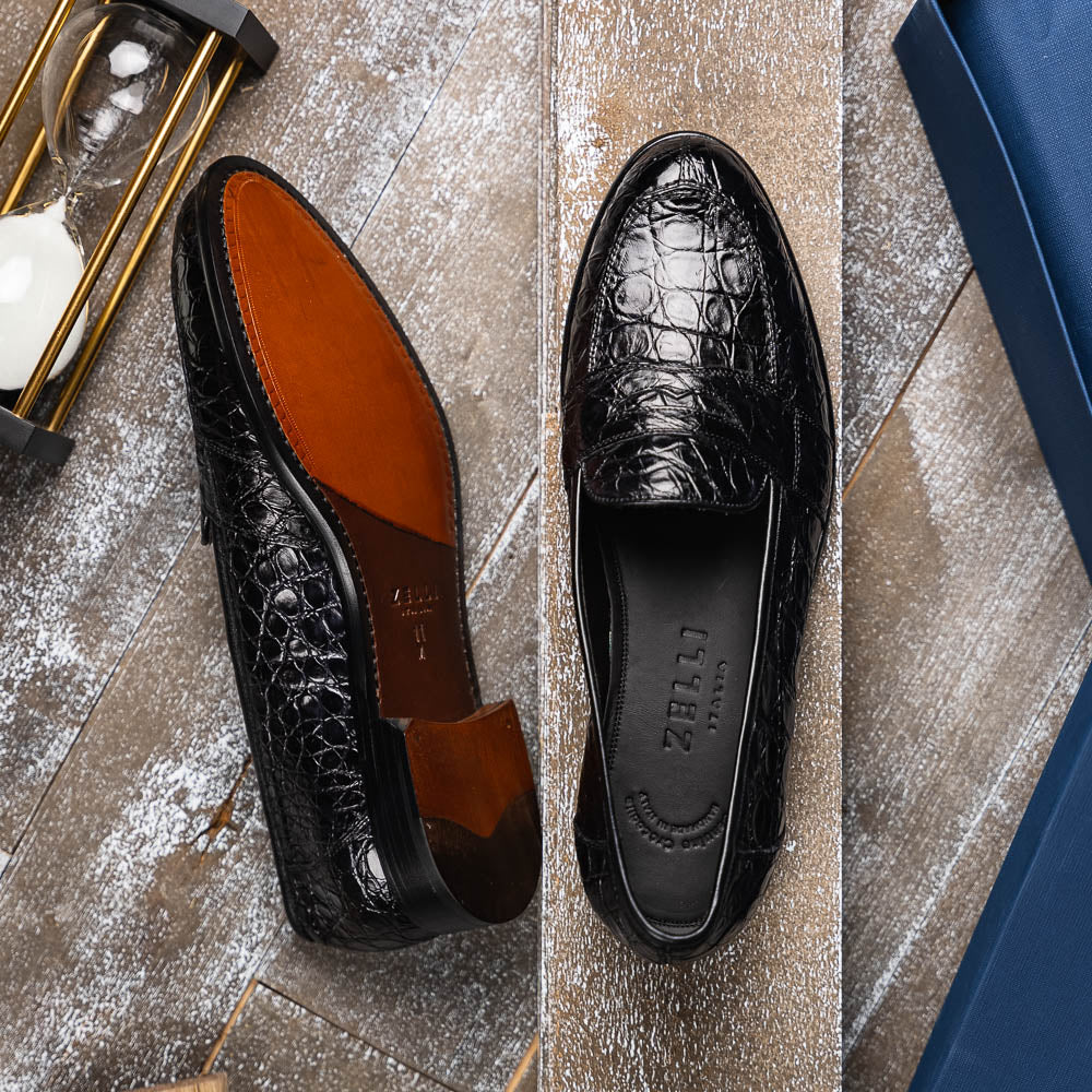 Zelli Italia 11-119-BKM (BLK) TUSCANY Crocodile Penny Loafer, Black View 14