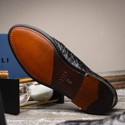 Zelli Italia 11-119-BKM (BLK) TUSCANY Crocodile Penny Loafer, Black View 17