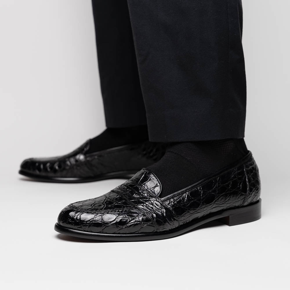 Zelli Italia 11-119-BKM (BLK) TUSCANY Crocodile Penny Loafer, Black Top View