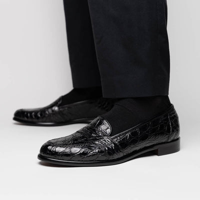 Zelli Italia 11-119-BKM (BLK) TUSCANY Crocodile Penny Loafer, Black Top View