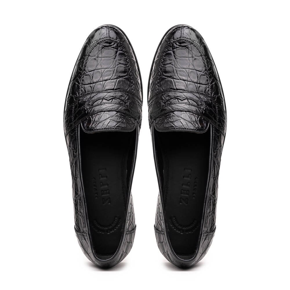 Zelli Italia 11-119-BKM (BLK) TUSCANY Crocodile Penny Loafer, Black Angled View