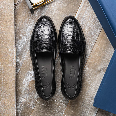 Zelli Italia 11-119-BKM (BLK) TUSCANY Crocodile Penny Loafer, Black View 19
