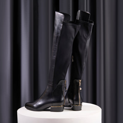 The Fairoks Black Leather Pointy Toe Knee High Women Boot