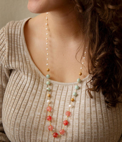 Watermelon Kiss Mint Jasper Golden Long Necklace
