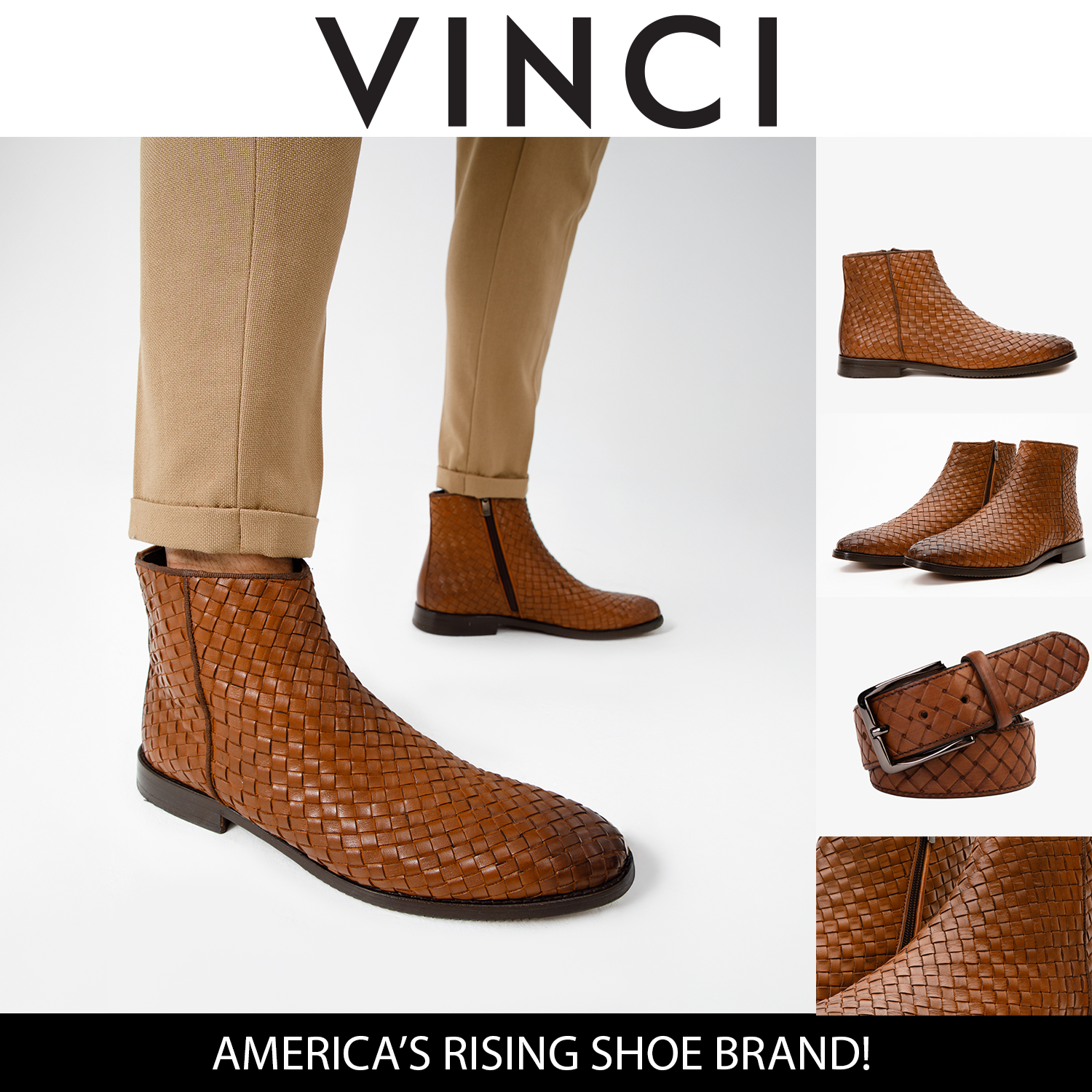 The Wellington Tan Handwoven Leather Men Boot with a Zipper Final Sale!