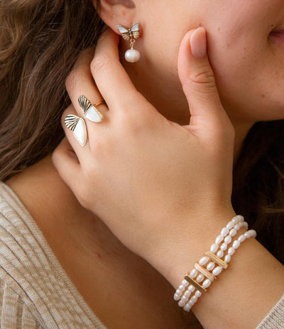 White Mother of Pearl Golden Butterfly Statement Ring