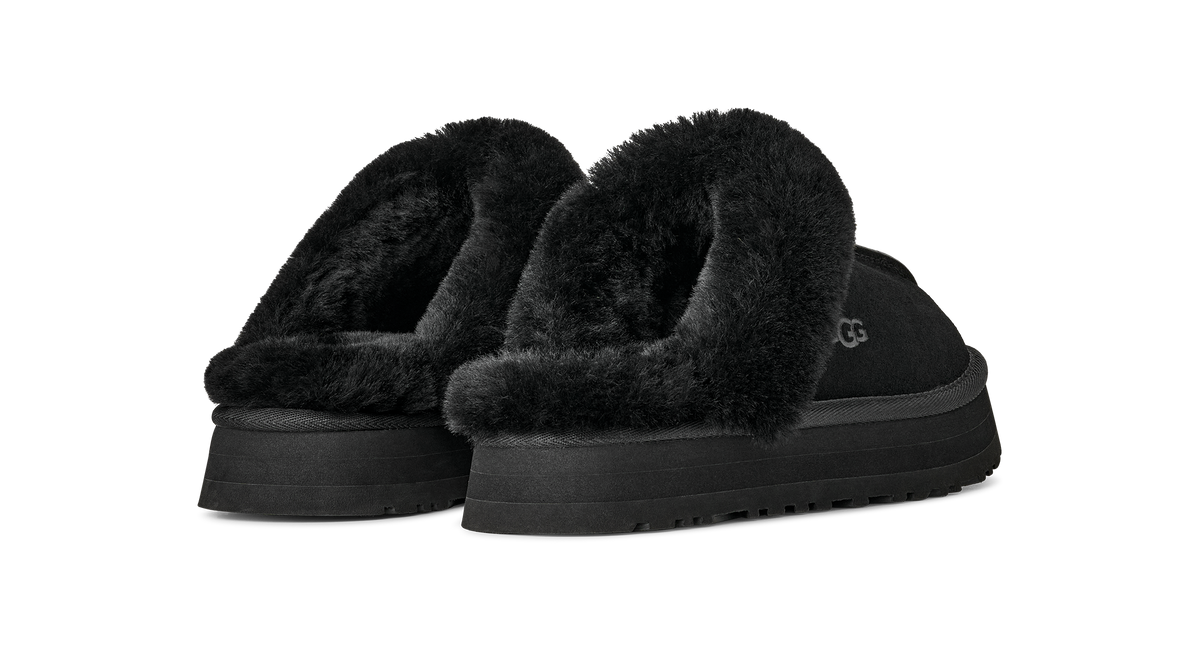 UGG Disquette Womens Platform Slippers — Black Suede